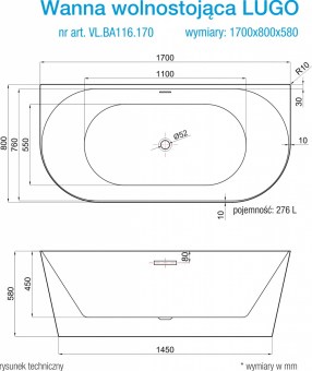 Rysunek techniczny wanna akrylowa przyścienna wolnostojąca LUGO VL.BA116.170 