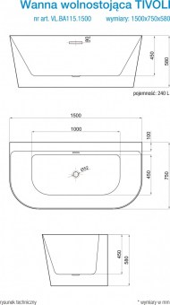 Rysunek techniczny wanna akrylowa przyścienna wolnostojąca TIVOLI VL.BA.115.150