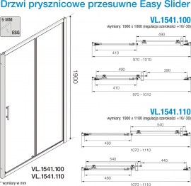 Rysunek techniczny drzwi prysznicowe wnękowe przesuwne VL.1541.100 Easy Slider 