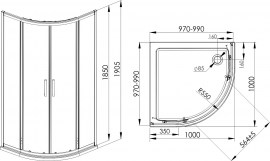 Rysunek techniczny kabina prysznicowa półokrągła NIVO 100x100x190.5 cm z brodzikiem Slim 5,5 cm (VL.A1511.100.BS.D202A)