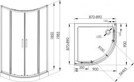 Rysunek techniczny kabina prysznicowa półokrągła NIVO 90x90x198,5 cm z brodzikiem wysokim 13,5 cm (VL.A1511.90.BS.D202.90)