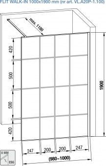 Ścianka prysznicowa FLIT BLACK WALK-IN 90x190cm szkło 8 mm (VL.A20P.90B)