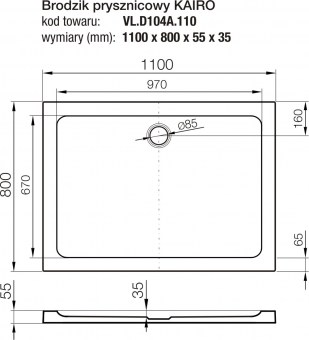 Rysunek techniczny brodzik prysznicowy Kairo 110x80x5.5 cm (VL.D104A.110)