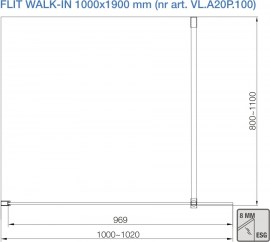 Rysunek Techniczny ścianki prysznicowej transparentnej z czarnymi matowymi profilami VL.A20P.100B 