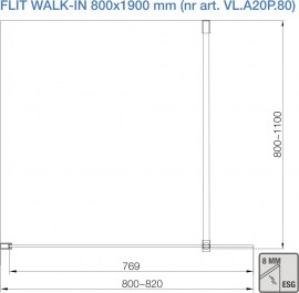 Rysunek techniczny Ścianka prysznicowa FLIT BLACK WALK-IN 80x190cm szkło 8 mm (VL.A20P.80B)