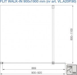 Rysunek techniczny ścianka prysznicowa FLIT BLACK WALK-IN 90x190cm szkło 8 mm (VL.A20P.90B)